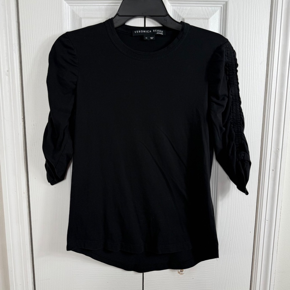 Veronica Beard Jeans Waldorf Tee Womens XS Black Ruched Sleeve Pima Cotton Top